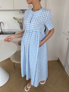 SHEIN 夏季孕妇休闲格子短袖连衣裙 - 藍白色 - 查看 8