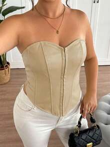 SHEIN Tall CURVE 加大码纯色前中纽扣装饰PU皮革黑色抹胸上衣 - 杏色 - 查看 5