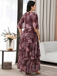Modelyn Plus Size V-Neck Floral Print Ruched Waist Elegant Party Christening Guest Evening Formal Wedding Dress Burgundy Autumn Fall - Multicolor - View 2