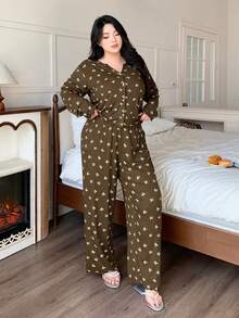 Dazy Plus 2pcs Plus Size Women Casual Butterfly Print Loose Pajama Set, Comfortable Home Wear For Spring & Autumn - Olive Green - View 4