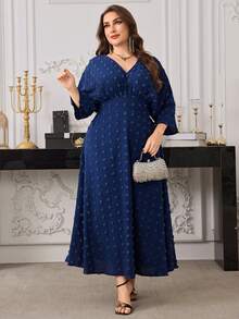 Modelyn Elegant Jacquard V-Neck Long Sleeve A-Line Plus Size Dress, Suitable For Spring And Autumn Fall - Blue - View 3