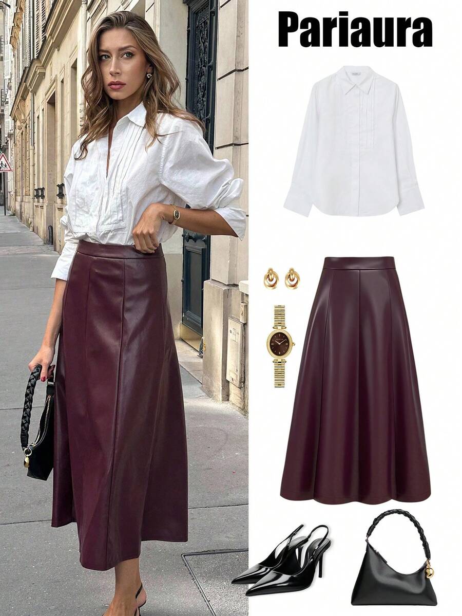 Pariaura 女士酒红色皮革拉链A字连衣裙，适合万圣节派对、外出、优雅时尚的女性穿着 - 中紫紅色 - 查看 1
