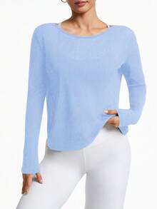 Easithlete 女士纯色简约长袖休闲运动T恤 - 淺藍色 - 查看 2