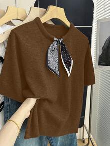 Franclia Coffee Brown,Autumn,Ellegant,Office French Chic Round Neck Short Sleeve Knit Blouse,Contrast Bow Collar Design Paisley & Polka Dot Ribbed Trim Top - Brown - View 5