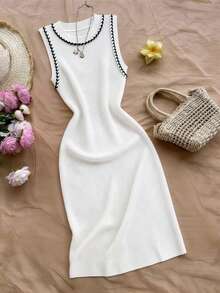 Breezaya Elegant Black And White Summer Office Bodycon Dress,Women's Round Neck Contrast Trim Ribbed Knit Maxi Dress,French Chic Sleeveless Slim White Dress - White - View 6