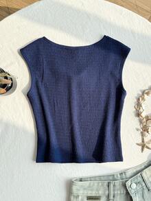 Pre-Teen Girls' Sweet Navy Blue And White Square Neck Sleeveless Top,Summer Elegant Formal Pleated Fabric Blouse With Lace Trim & White Bow Decor - Royal Blue - View 3