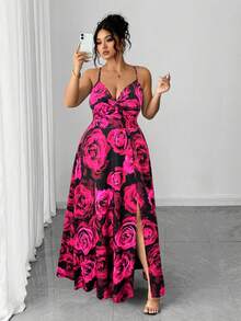 Vestido de mujer talla con nuevo diseño de estampado floral, nudo delantero, cintura con lazo y bajo con abertura, adecuado para vacaciones y citas - Rosa Fucsia - Ver 8