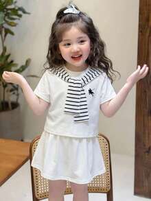SHEIN Little Byeori 女童休闲时尚圆领短袖上衣搭配二合一短裤 - 白色 - 查看 2