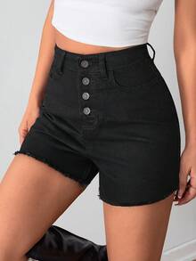 SHEIN Women High Waist Button Detail Denim Short - Black - View 4