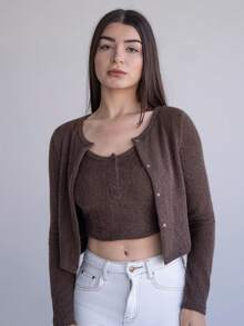 Andrea Bello 2件套女士秋冬时尚棕色毛绒修身露脐上衣和开衫套装长袖女装 - 咖啡棕 - 查看 4