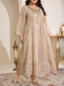 Al Najma Plus Size Women Pleated Floral Tassel Design Elegant Casual Party Holiday Flare Sleeve Dress - Beige - View 5