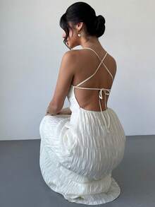 Firerie Women's V-Neck Spaghetti Strap Crinkle Fabric Ivory Sexy Backless Casual Dress ,Summer Dress - Beige - View 7