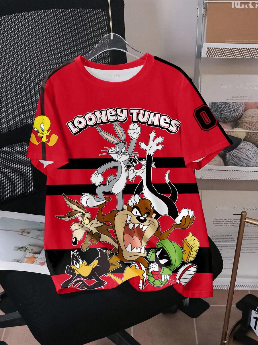 LOONEY TUNES X SHEIN Áo thun mùa hè cho bé trai tuổi teen, cổ tròn, vai rớt, tay ngắn, in hình hoạt hình dễ thương, họa tiết toàn thân. - trắng - Xem 1
