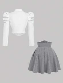 SHEIN MOD Plus Size Vintage Palace Style 2-Piece Set, Gigot Sleeve Shirt And High-Waisted Pleated Skirt, Spring/Summer Stylish 2-Piece Outfit - Grey - View 2
