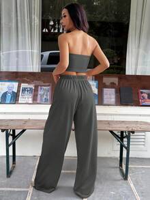 SHEIN EZwear Bộ đồ thể thao dệt kim thường ngày dành cho nữ mùa xuân/hè, áo ống và quần. - Xám - Xem 2