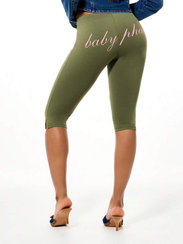 BABYPHAT Jersey Capri Leggings With Back Script Print Stretchy Comfortable Mid Length Cycling Bottoms
