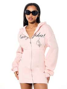 BABYPHAT Vestido corto con capucha y cremallera con estampado de logo frontal y cordón, estilo casual de ropa de estar en casa de talla grande - Rosa Pálido - Ver 4