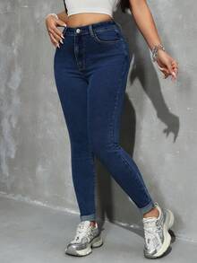 SHEIN EZwear 女士时尚休闲斜插口袋弹力修身牛仔裤 - 深色水洗藍 - 查看 5
