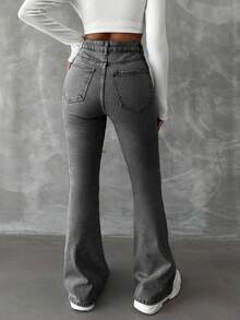 SHEIN Cottnline Dagligt bruk Hög midja Push Up Plus Size Grå Stretch Comfort Denim Jeans Knappknäppning - Grå - Visa 3