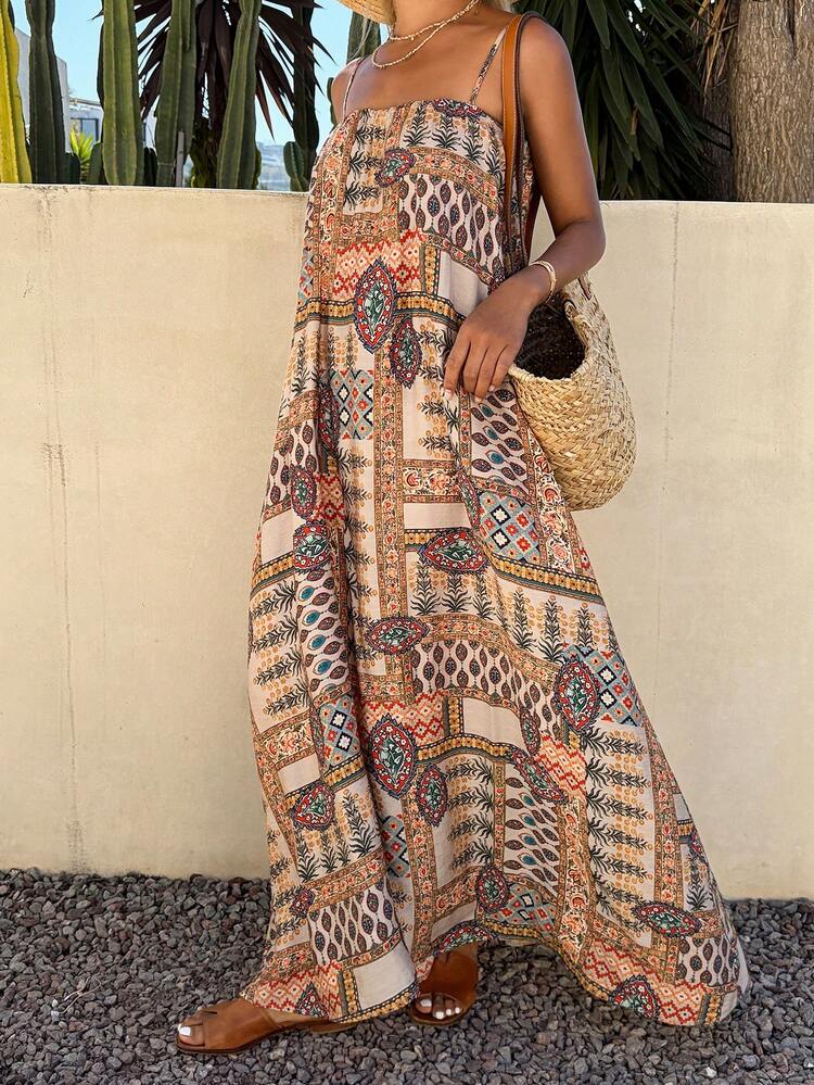 Women's All-Over Print Casual Vacation Date Maxi Slip Dress Boho