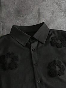 AXEPEAK Men's Fashion Simple 3D Floral Textured Solid Color Button-Down Short Sleeve Shirt - Black - View 4
