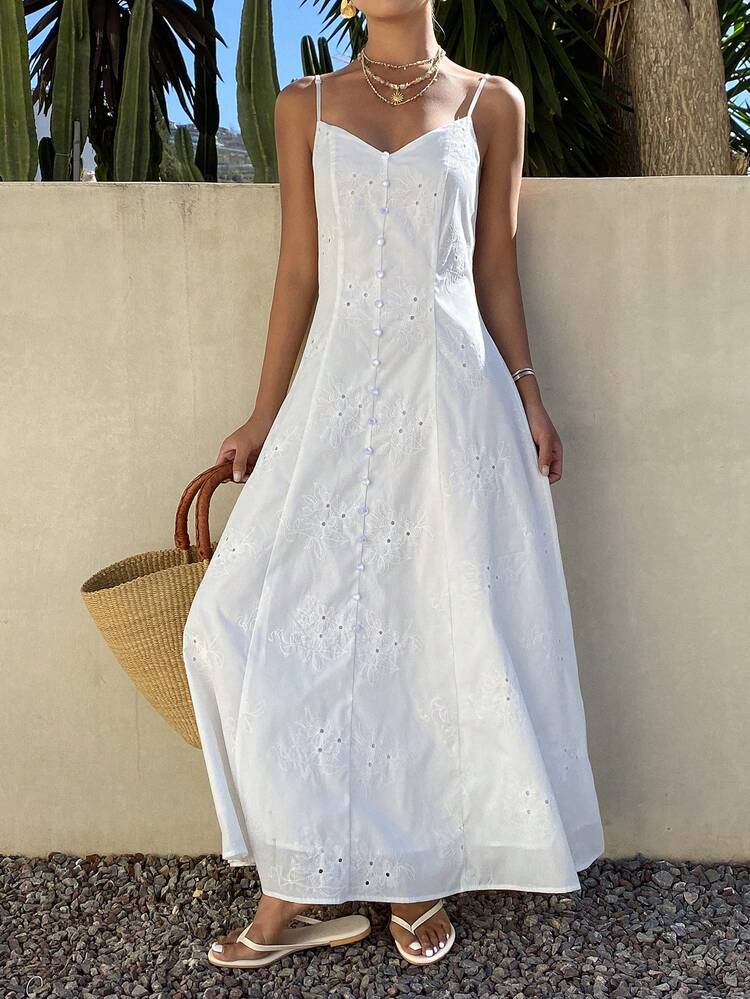 Women's Solid Color V-Neck Hollow Button Decor Camisole Dress, Elegant For Vacation Summer Sun Dresses For Women