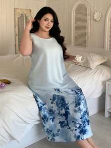 Dazy Plus Piyama Tidur Kasual Tanpa Lengan Leher Bulat Motif Bunga untuk Wanita Ukuran Besar - Biru - View 1