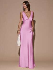 SHEIN BAE Đầm màu vàng kem trơn, tối giản, gợi cảm, cổ chữ V sâu, không tay, hở lưng, thắt nơ, thích hợp cho tiệc tùng, cocktail, các dịp trang trọng, phù dâu, sinh nhật, Giáng sinh, hoặc công sở. - Màu Hồng baby - Xem 5