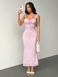 xheSHEIN PETITE Vestido camisero ajustado con estampado floral de encaje de unicolorxhe - Rosa - Ver 3
