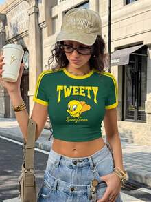 LOONEY TUNES X SHEIN Camiseta de verano de manga corta, cuello redondo, ajustada, con estampado de dibujos animados lindos y bloques de color para mujer - Blanco - Ver 3