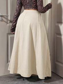 Slaydiva Plus Size Women Button Fly Casual Commuting Extra Long Denim Skirt - Khaki - View 2