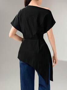 Heiryn Blusa de verano para mujer con cuello asimétrico, mangas tipo murciélago, cintura ceñida y bajo asimétrico, en unicolor minimalista, adecuada para el trabajo y el uso diario - Negro - Ver 2