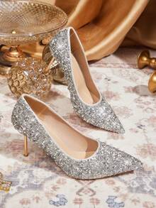 CUCCOO TILAWA Damen Silber elegante spitze Zehenpumps, mit Strass verzierte Stilettoabsätze, sexy vielseitige High Heels, charmante Party sexy bequeme Stilettos, geeignet für Büro, Outdoor, Hochzeit, Bankett, Party, Frühling, Ostern - Silber - Übersicht 4