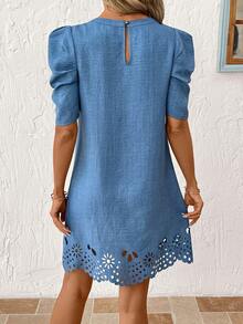 SHEIN Clasi Women's Spring/Summer Gigot Sleeve Short Dress With Ruffle Hem, Elegant Vacation & Casual Wear Blue Dress Floral Dress Work Outfits For Women  Vacation Outfits For Women  Elegant Dresses For Women Graduation Dress For Women  Wedding Guest Dress For Women Beach Dress Easter Summer Dress - Blue - View 2