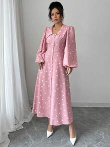 Modelyn Women's Spring/Summer Pink Woven Digital Print Long Sleeve Waist Gathered A-Line Elegant Romantic Dress - Pink - View 5