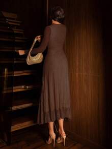 Modelyn Apricot Women's Lace Design Flared Elegant Dress, Suitable For Going Out, Dates, Parties, Mid-Length - Coffee - View 2