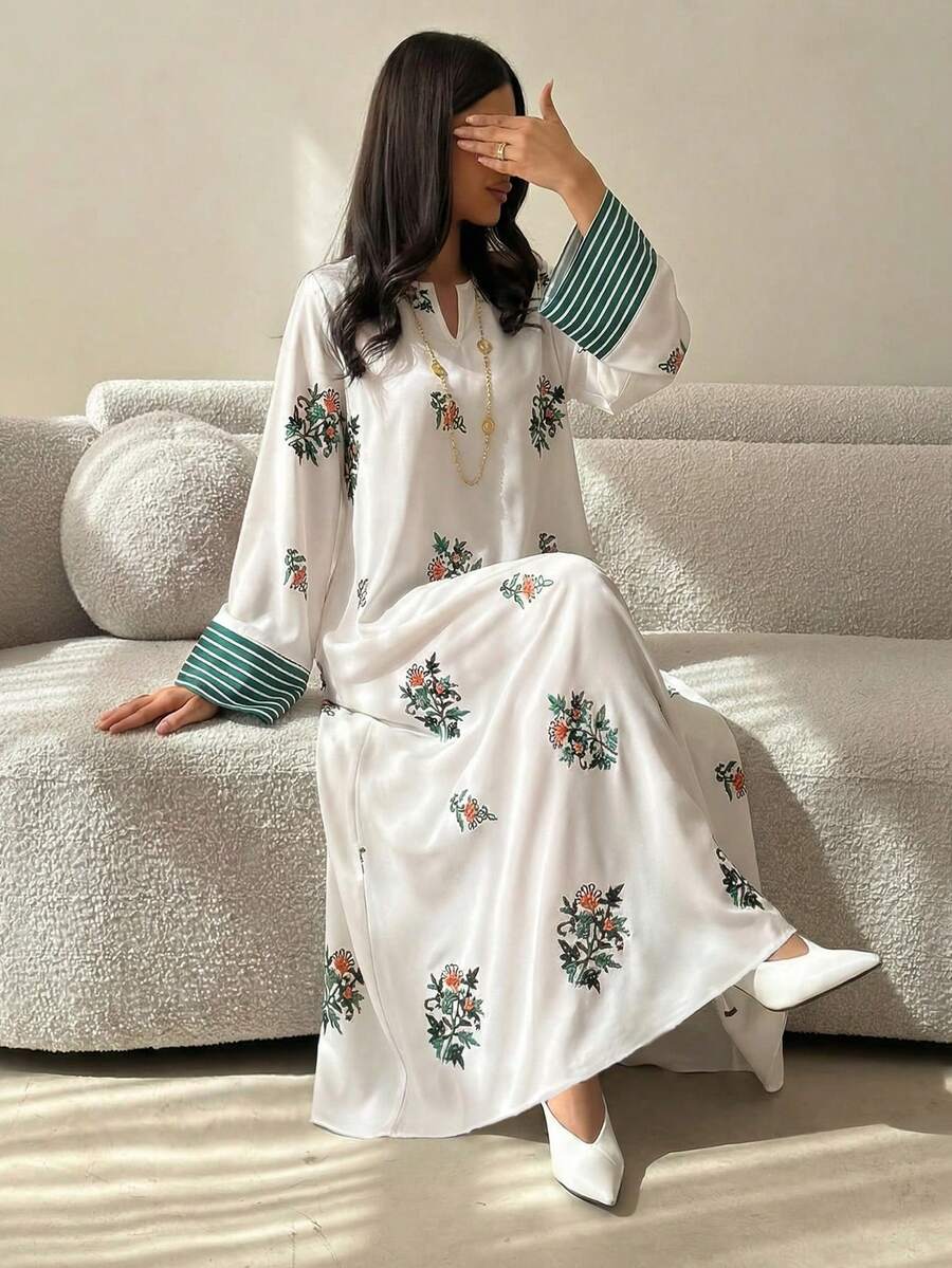 Yasmyna 女士宽松印花长袖阿拉伯风格连衣裙 - 綠色 - 查看 1