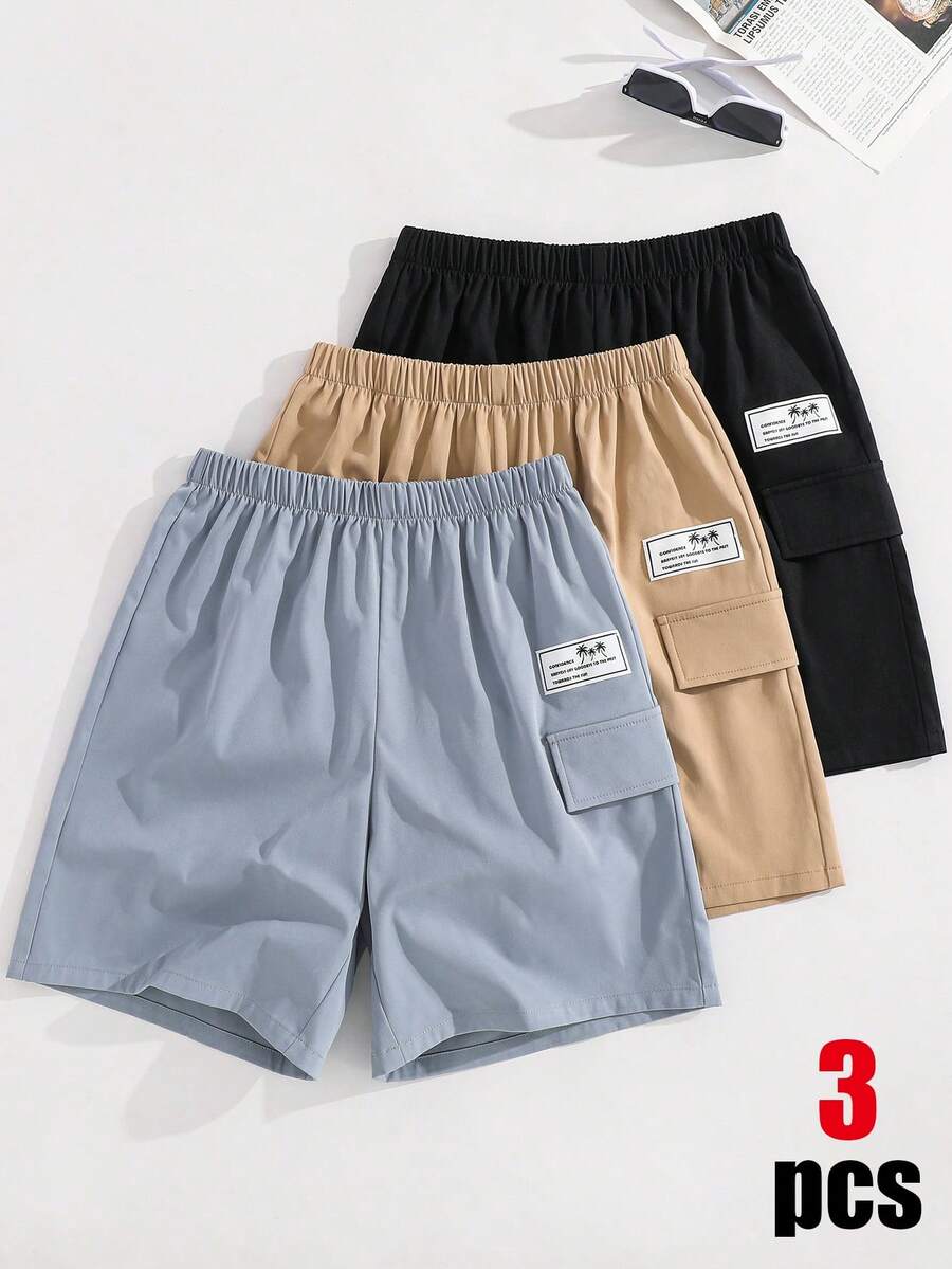SHEIN 青少年男童三件装宽松休闲运动短裤,百搭工装短裤,黑色、卡其色、蓝色,适合春夏穿着 - 彩色 - 查看 1