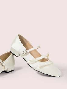 CUCCOO DOLLMOD Square Toe Satin Bow Mary Jane Shoes Women's New Summer Comfortable Thick Heel Low Vamp Commuting Dating Fashion High Heel Shoes Valentine's Day - Off-white - View 2