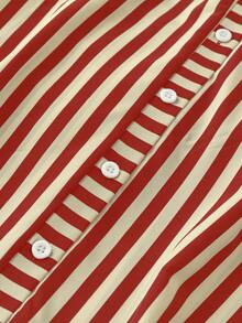 Omancia Đầm maxi kẻ sọc xẻ tà cao dành cho nữ. - Màu Đỏ Sâu - Xem 3