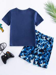 Boys' Shark Print Short Sleeve Snug Fit Pajama Set, Blue Camouflage Cool Print, Soft Sleepwear 2 Pieces Set - Navy Blue - View 2