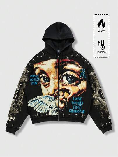 ROMWE MEN Street Life Men's Fashion Street Angel Print Zip-Up Drawstring Hooded Thermal Lined Sweatshirt, Autumn/Winter