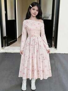 少女优雅修身网纱拼接不对称斜肩喇叭袖褶皱连衣裙，适合女孩参加派对、圣诞节、新年、舞会等场合。 - 粉色 - 查看 2