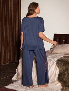 Slumberist Plus Size Sexy Deep V-Neck Contrast Lace Short Sleeve Pajama Set - Dusty Blue - View 2