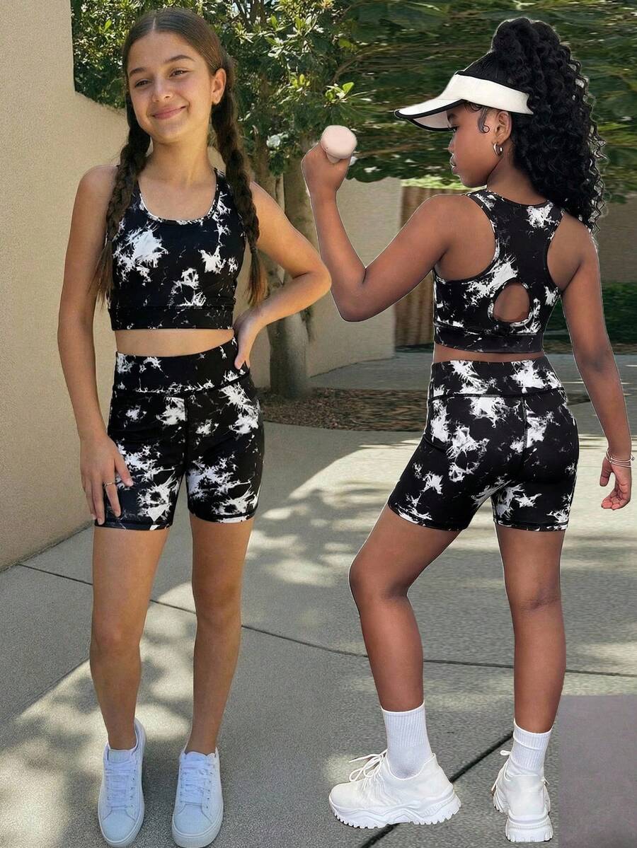 SHEIN Tween Girls Tie Dye Print Hollow Back Cami & Biker Shorts 2-Piece Set, Suitable For Yoga, Sports Day, Back To School - Black - View 1