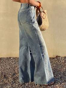 DAZY 女士常规中腰水钻装饰喇叭牛仔裤，优雅长裤 - 中等水洗藍 - 查看 6