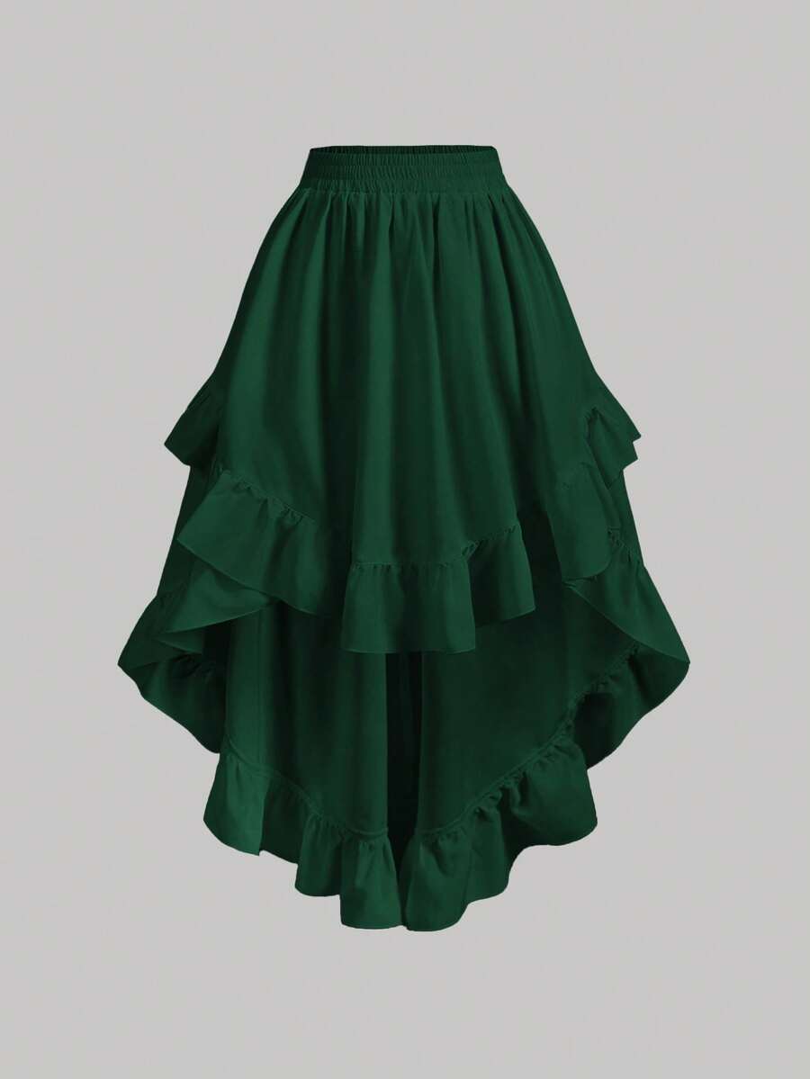 SHEIN MOD Women's White Ruffle Hem Skirt, Retro Black Layered A-Line Skirt - Dark Green - View 1