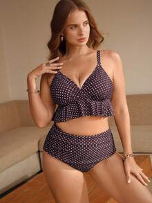 Swim Chiccia 大码女式波点褶皱吊带背心泳衣套装 - 彩色 - 查看 6
