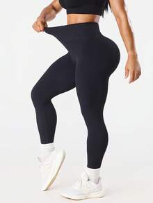 Seamluxe SHEIN Sport Quần legging thể thao nữ màu trơn, cạp cao, kiểu dáng thường ngày, đa năng. - màu đen - Xem 3