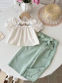 SHEIN LMoss Kids Baby Girls' French Elegant Floral Embroidery Round Neck Puff Sleeve Blouse And Wide Leg Pants Set - Multicolor - View 4